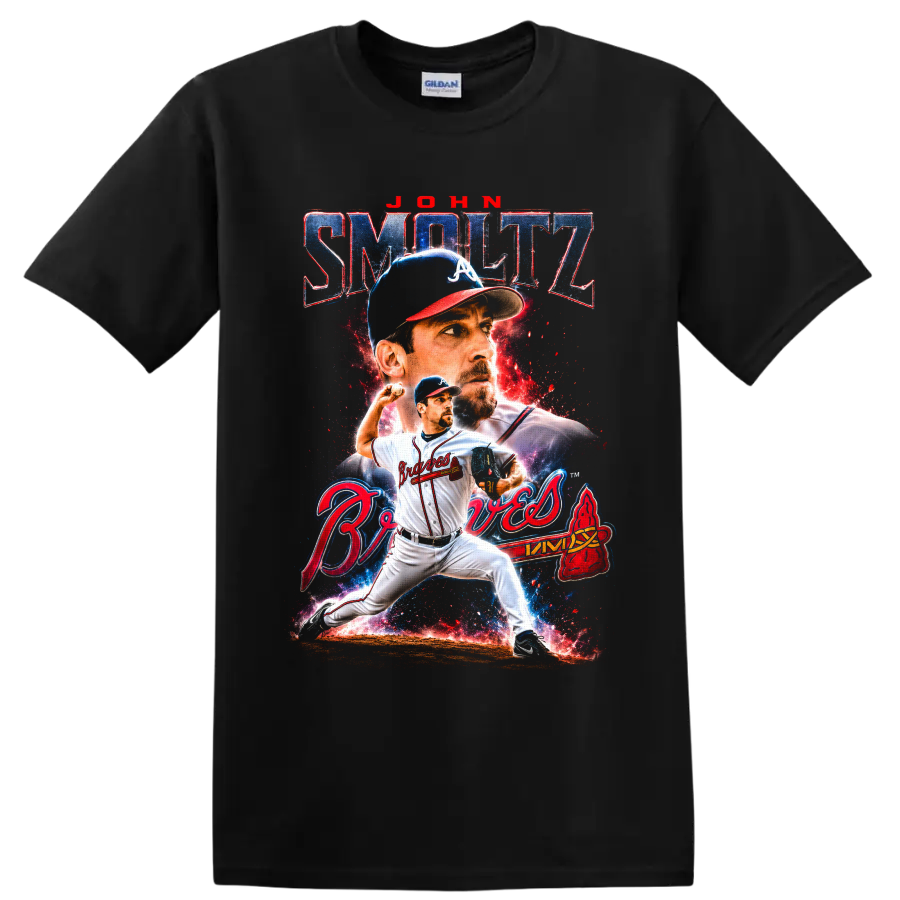 John Smoltz Atlanta Braves pitcher retro cosmic portrait and action graphic on a Black T Shirt