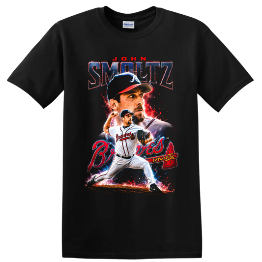 John Smoltz Atlanta Braves pitcher retro cosmic portrait and action graphic on a Black T Shirt