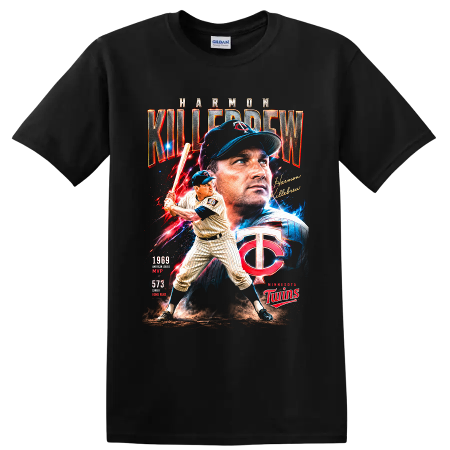Harmon Killebrew Minnesota Twins vintage baseball collage with 1969 MVP and 573 home runs on a Black T Shirt