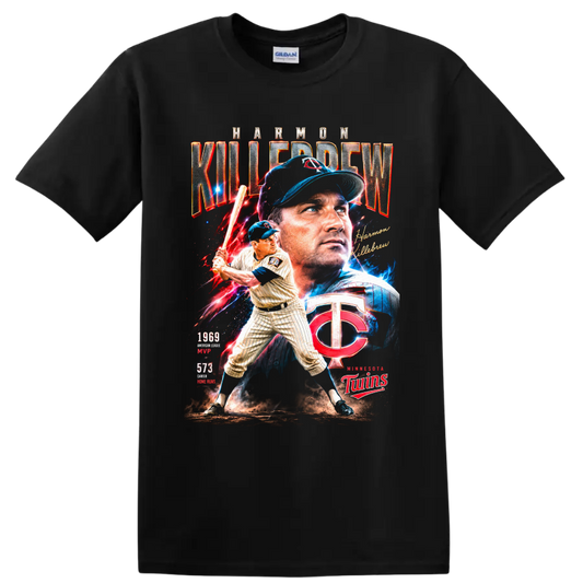 Harmon Killebrew Minnesota Twins vintage baseball collage with 1969 MVP and 573 home runs on a Black T Shirt