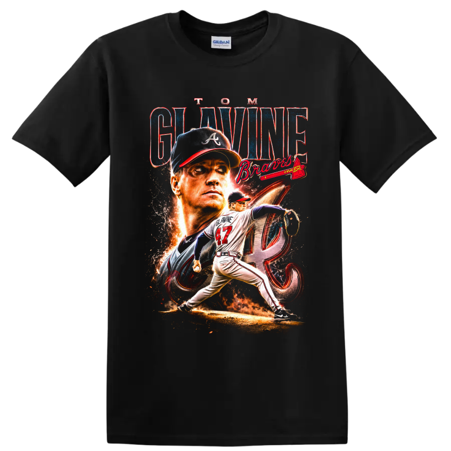 Tom Glavine Atlanta Braves pitcher portrait and number 47 action graphic on a Black T Shirt