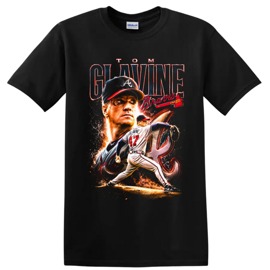 Tom Glavine Atlanta Braves pitcher portrait and number 47 action graphic on a Black T Shirt
