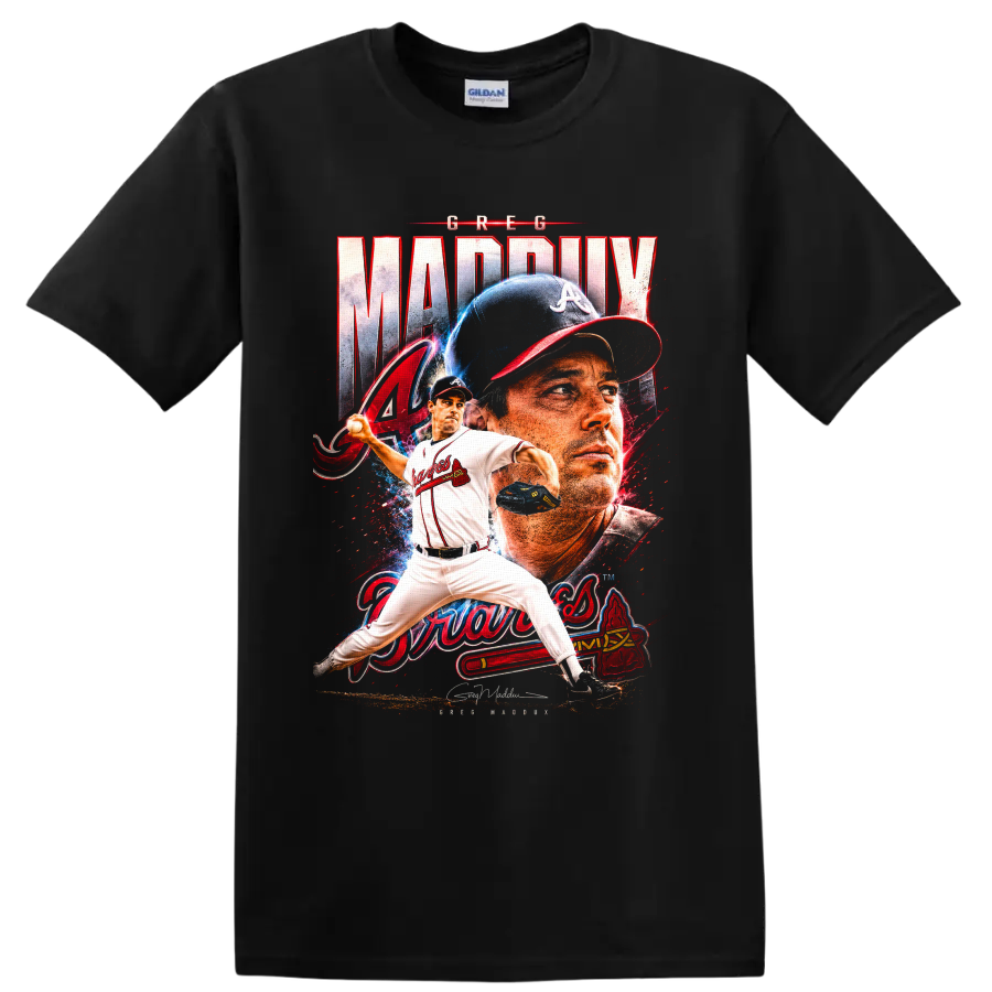 Greg Maddux Atlanta Braves pitcher portrait and pitching graphic with distressed lettering on a Black T Shirt