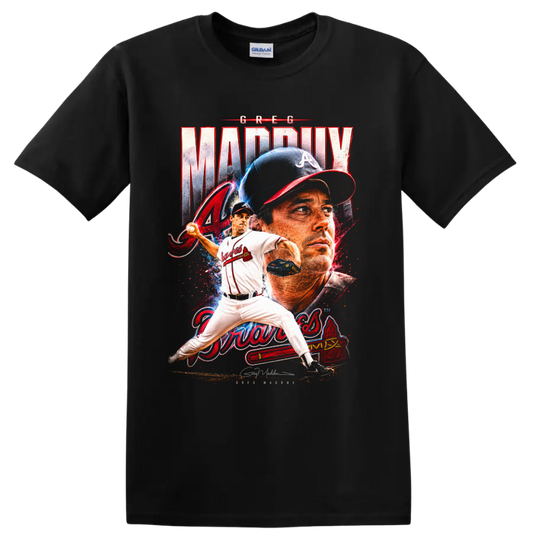 Greg Maddux Atlanta Braves pitcher portrait and pitching graphic with distressed lettering on a Black T Shirt