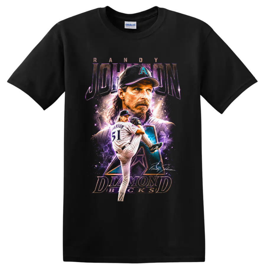 Randy Johnson Arizona Diamondbacks pitcher portrait and number 51 action graphic on a Black T Shirt
