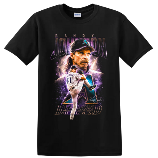 Randy Johnson Arizona Diamondbacks pitcher portrait and number 51 action graphic on a Black T Shirt