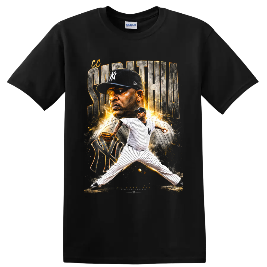 CC Sabathia New York Yankees pitcher graphic with portrait, pinstripes, and gold sparks on a Black T Shirt