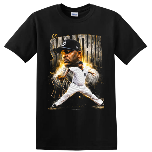 CC Sabathia New York Yankees pitcher graphic with portrait, pinstripes, and gold sparks on a Black T Shirt