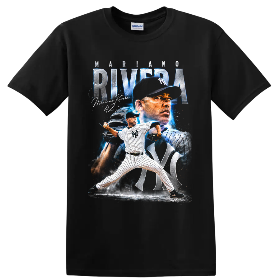Mariano Rivera New York Yankees pitcher collage with No. 42 and electric blue accents on a Black T Shirt