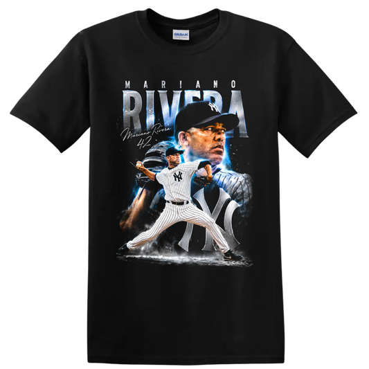 Mariano Rivera New York Yankees pitcher collage with No. 42 and electric blue accents on a Black T Shirt