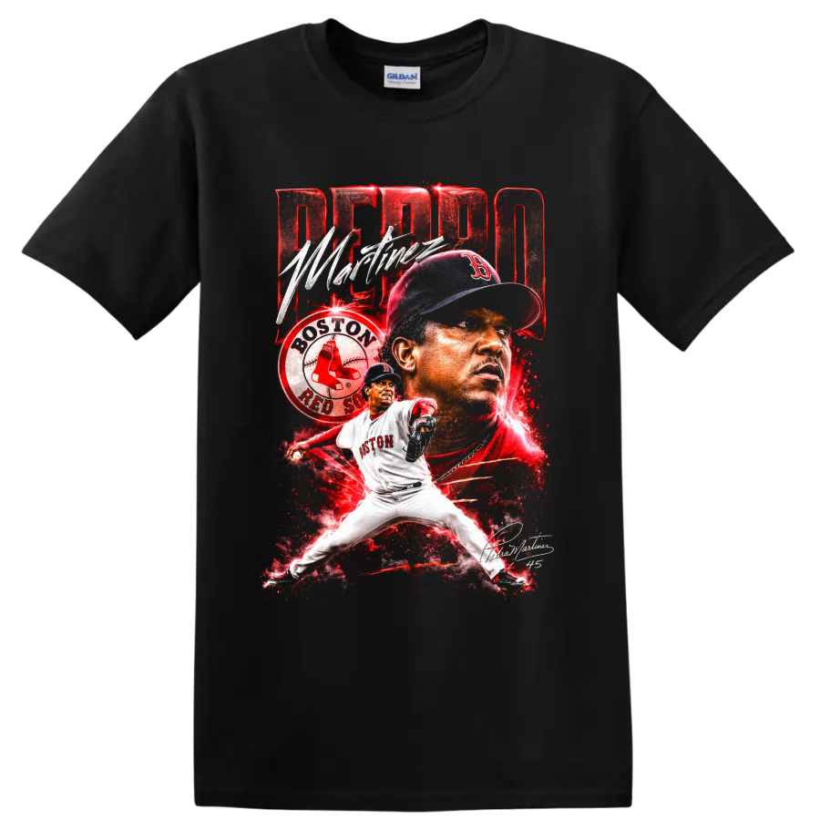 Pedro Martínez Boston Red Sox pitcher portrait and action baseball collage on a Black T Shirt