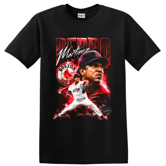 Pedro Martínez Boston Red Sox pitcher portrait and action baseball collage on a Black T Shirt