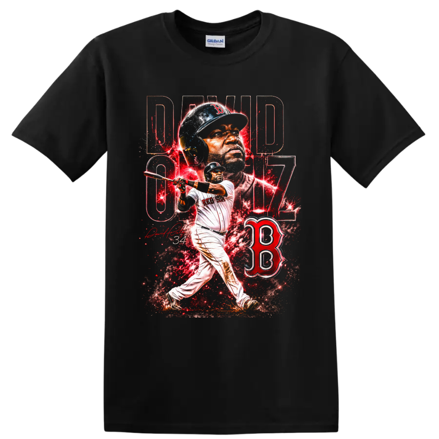 David Ortiz Big Papi 34 Boston Red Sox batting portrait and splatter graphic on a Black T Shirt