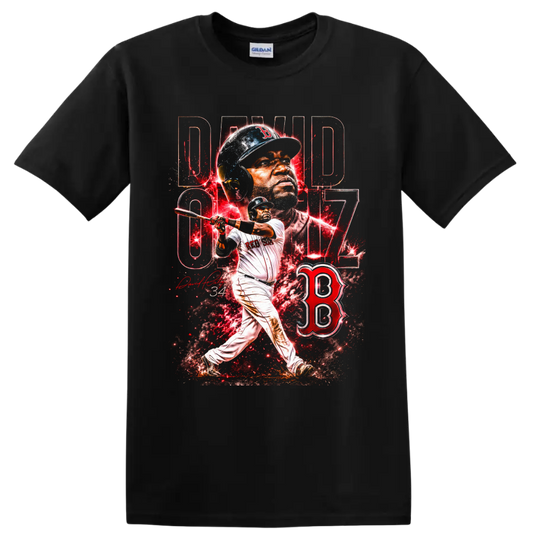 David Ortiz Big Papi 34 Boston Red Sox batting portrait and splatter graphic on a Black T Shirt