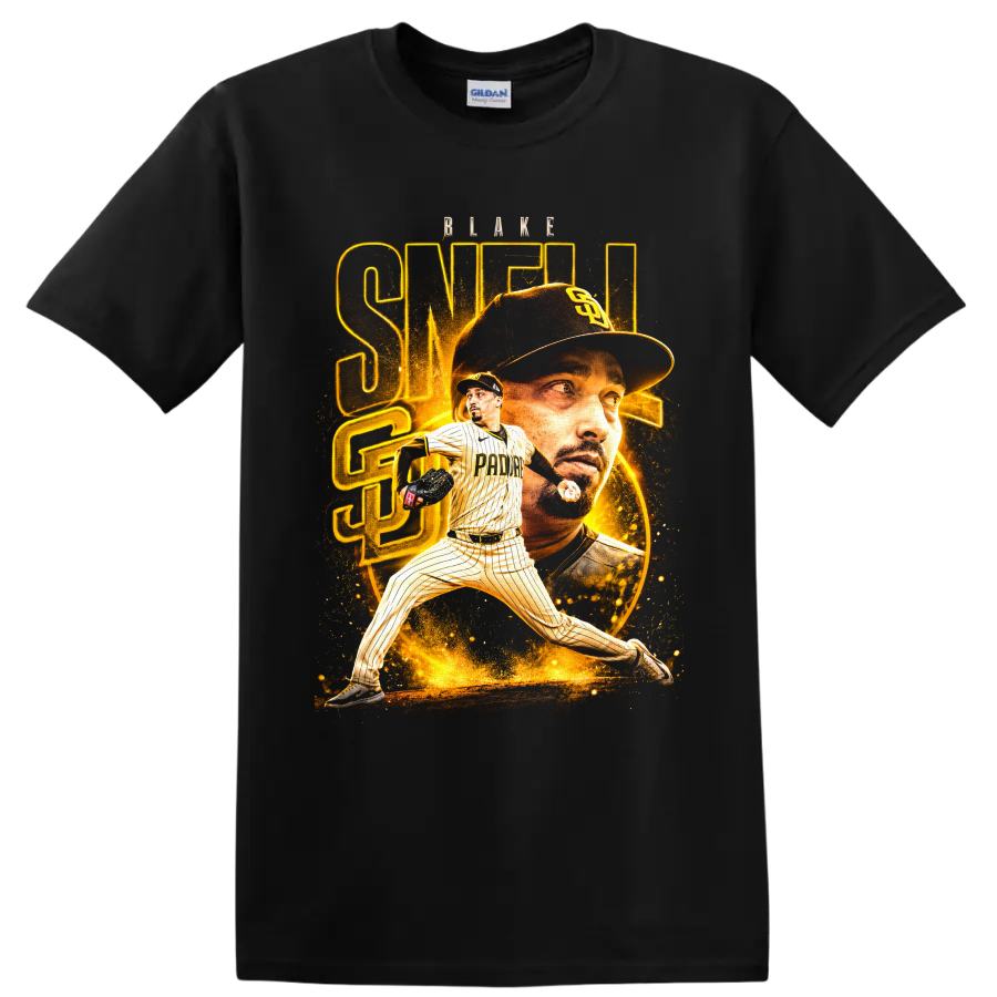 Blake Snell Padres pitcher portrait and action graphic with gold BLAKE SNELL text on a Black T Shirt