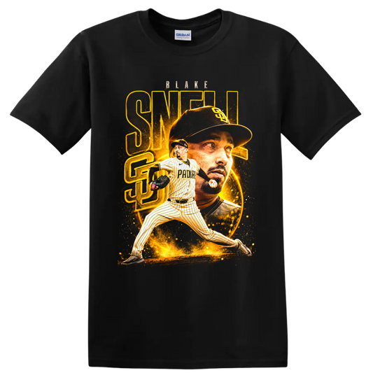 Blake Snell Padres pitcher portrait and action graphic with gold BLAKE SNELL text on a Black T Shirt