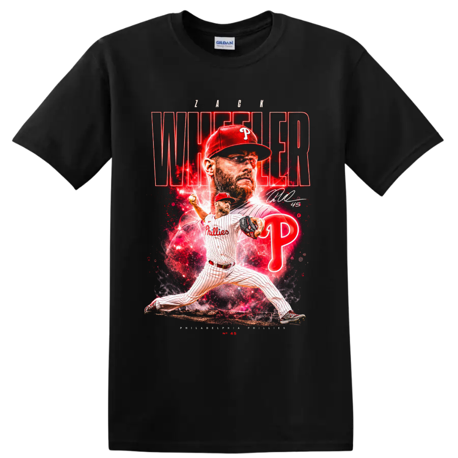 Zack Wheeler Phillies pitching collage with red neon Wheeler lettering and number 45 on a Black T Shirt