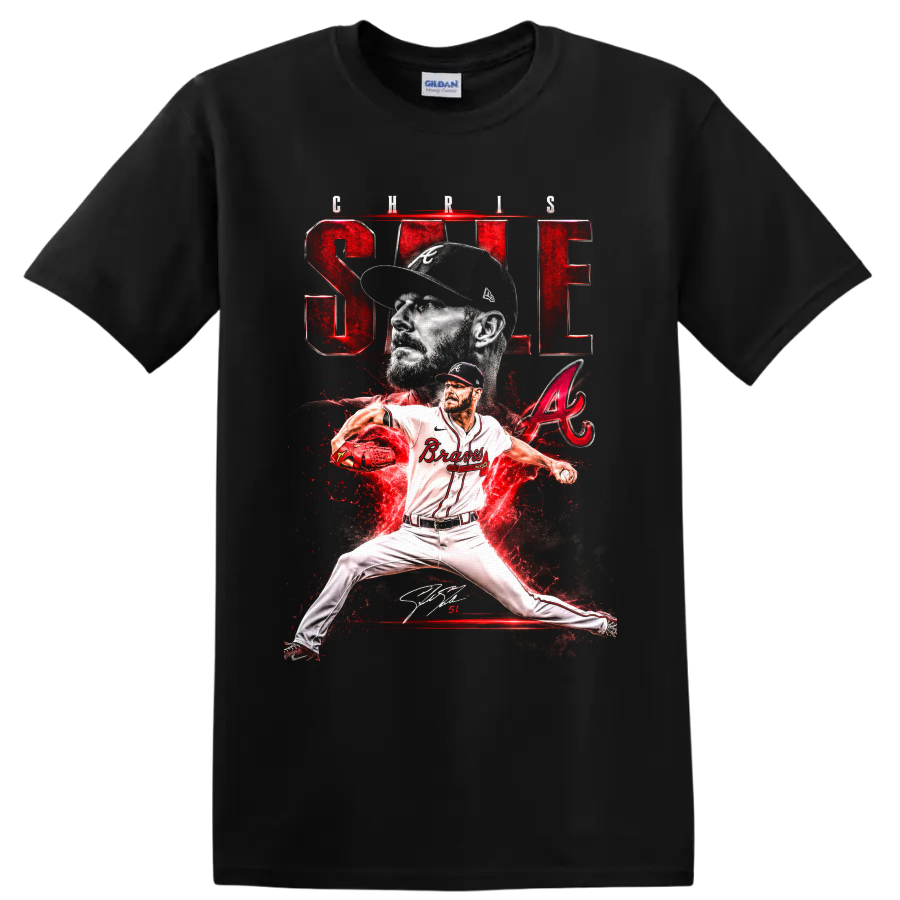 Chris Sale Atlanta Braves pitcher graphic with portrait, pitching pose, and red lightning on a Black T Shirt