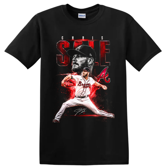 Chris Sale Atlanta Braves pitcher graphic with portrait, pitching pose, and red lightning on a Black T Shirt