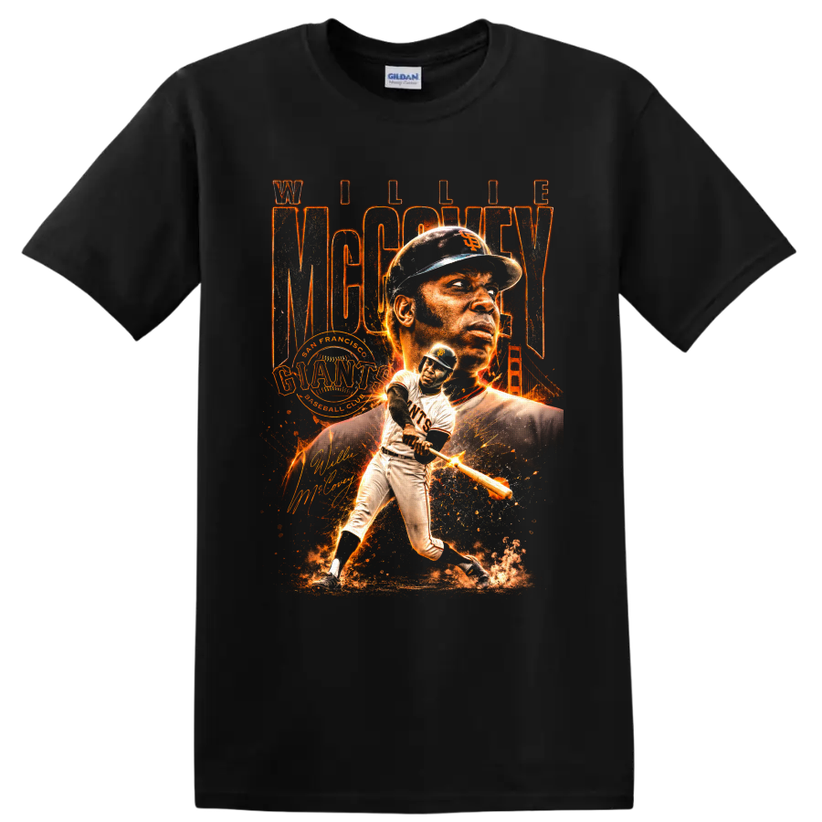 Willie McCovey San Francisco Giants baseball collage with batting action and Golden Gate on a Black T Shirt