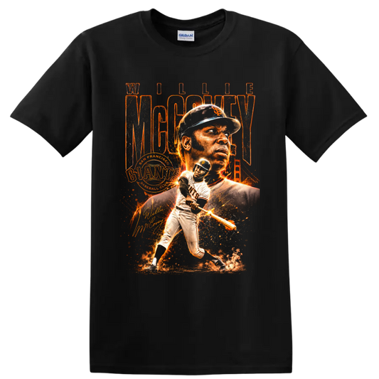 Willie McCovey San Francisco Giants baseball collage with batting action and Golden Gate on a Black T Shirt