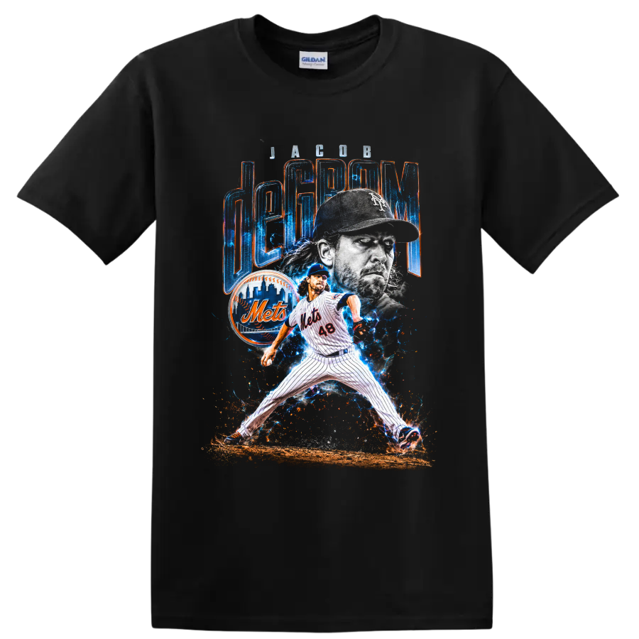Jacob deGrom Mets pitcher collage with electric blue energy and deGrom lettering on a Black T Shirt