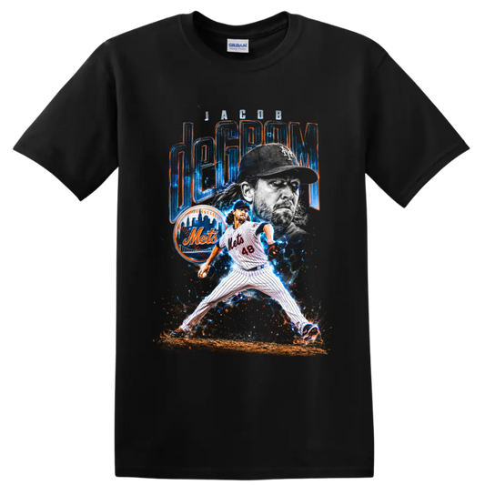 Jacob deGrom Mets pitcher collage with electric blue energy and deGrom lettering on a Black T Shirt