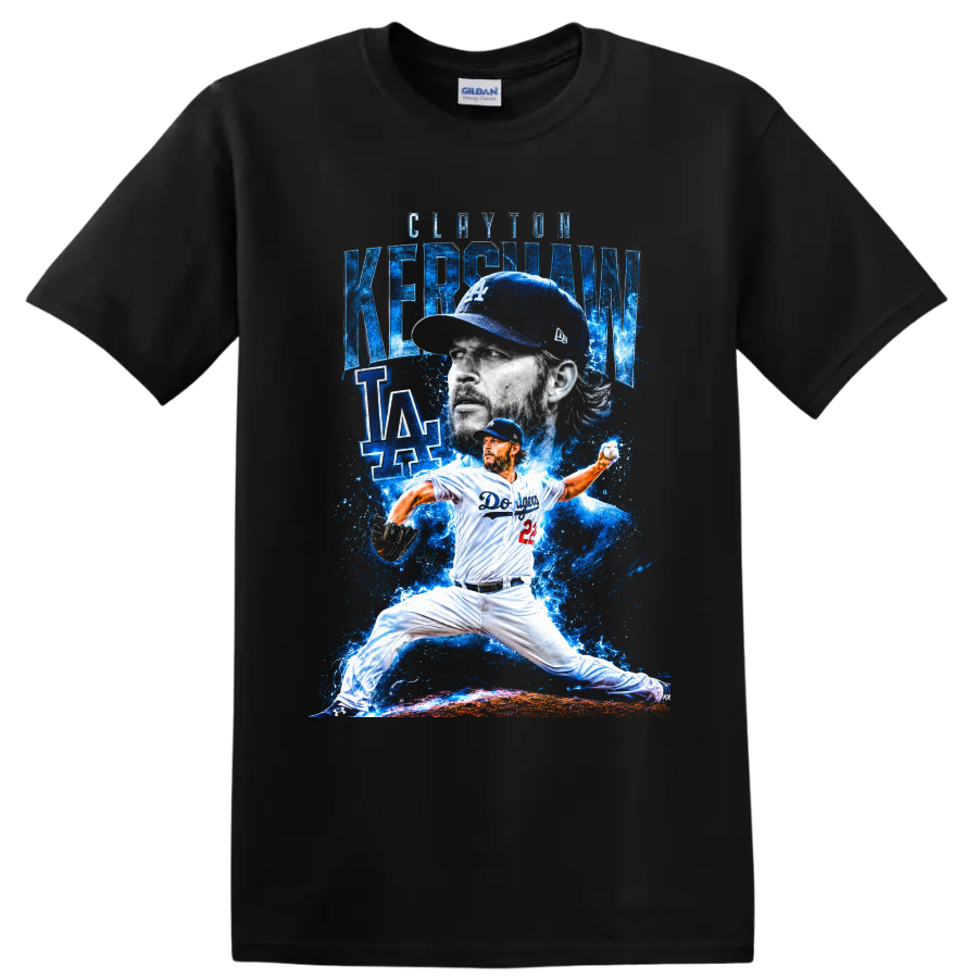 Clayton Kershaw Dodgers pitcher portrait and pitching action in electric blue art on a Black T Shirt