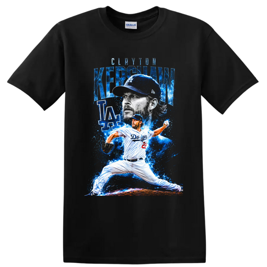 Clayton Kershaw Dodgers pitcher portrait and pitching action in electric blue art on a Black T Shirt
