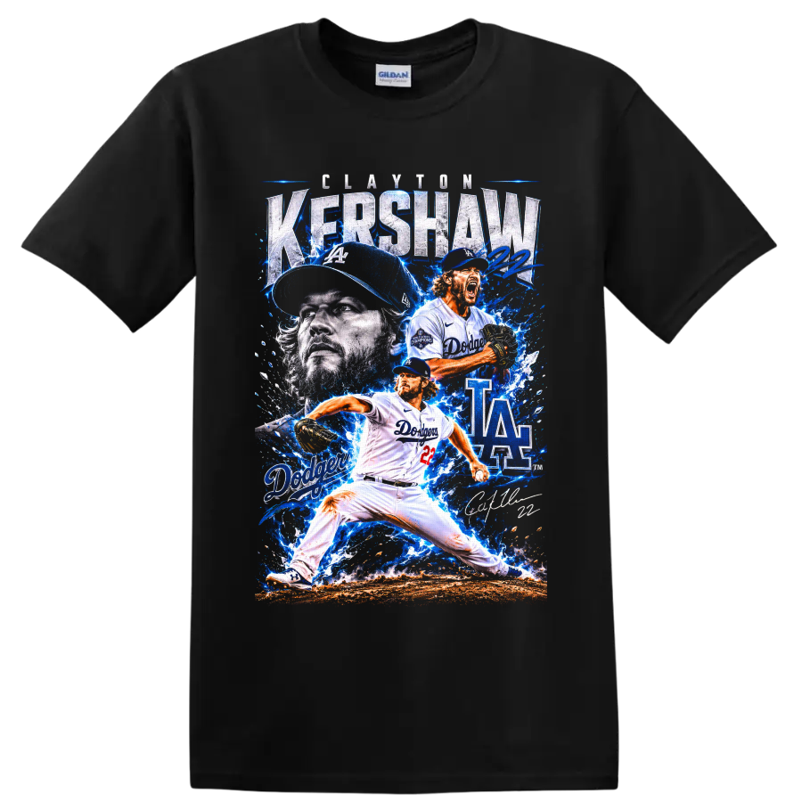 Clayton Kershaw Dodgers pitcher collage with LA graphics, number 22, and blue splashes on a Black T Shirt