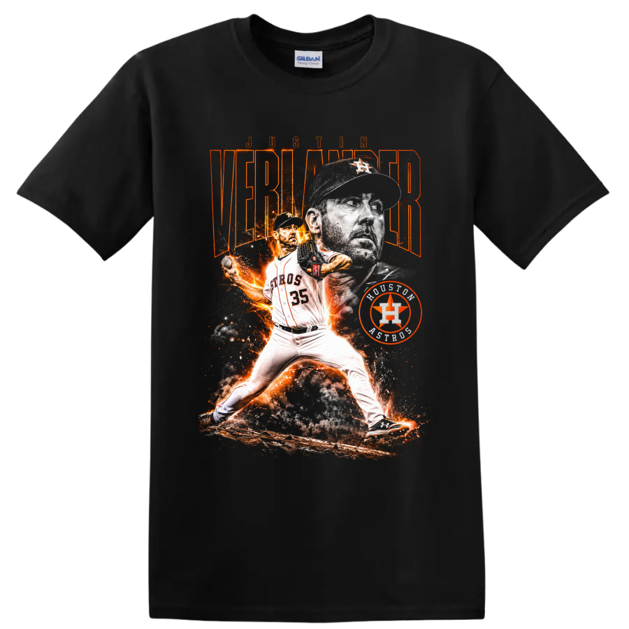 Justin Verlander Houston Astros pitcher collage with fiery action art and number 35 on a Black T Shirt
