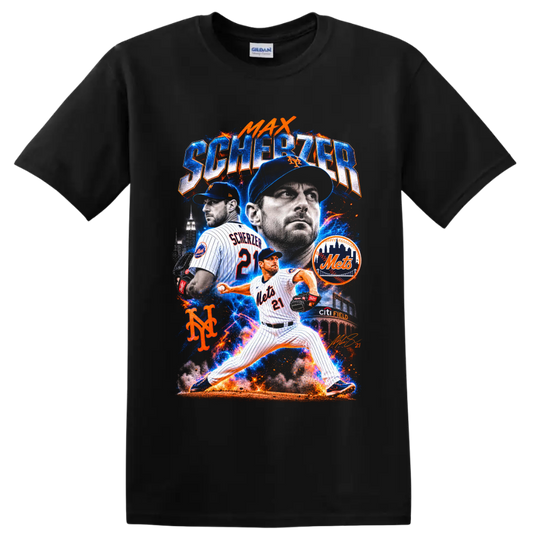 Max Scherzer New York Mets pitcher collage with Citi Field and electric baseball effects on a Black T Shirt