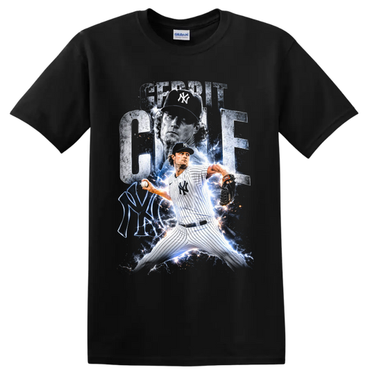 Gerrit Cole New York Yankees pitcher lightning graphic with bold name lettering on a Black T Shirt