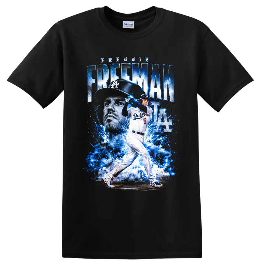 Freddie Freeman Dodgers batting graphic with blue lightning, portrait, and number 5 on a Black T Shirt