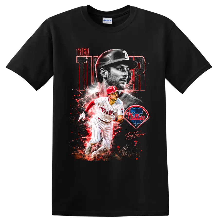Trea Turner Phillies action collage with red energy effects, team emblem, and number 7 on a Black T Shirt