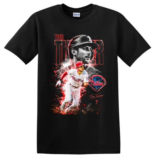 Trea Turner Phillies action collage with red energy effects, team emblem, and number 7 on a Black T Shirt