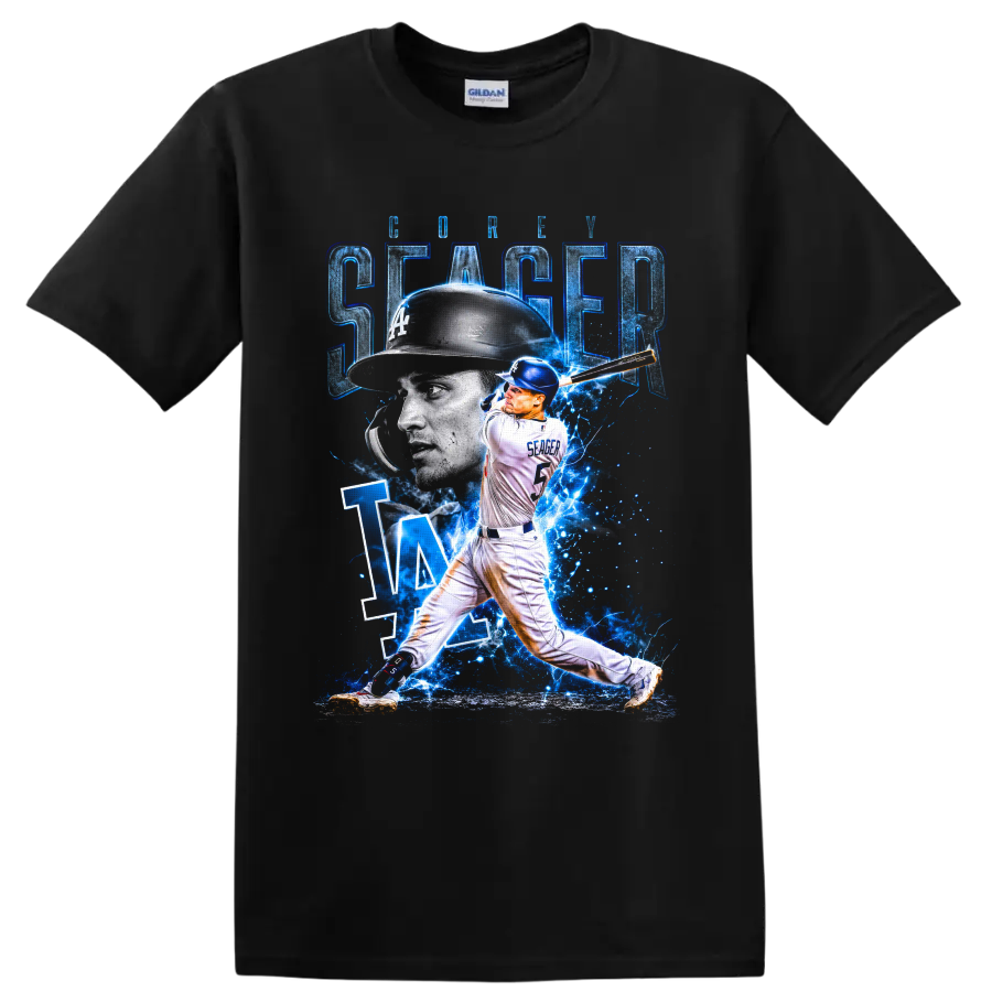 Corey Seager Los Angeles Dodgers batting collage with LA monogram and electric blue on a Black T Shirt