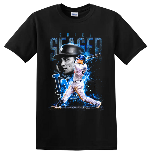 Corey Seager Los Angeles Dodgers batting collage with LA monogram and electric blue on a Black T Shirt