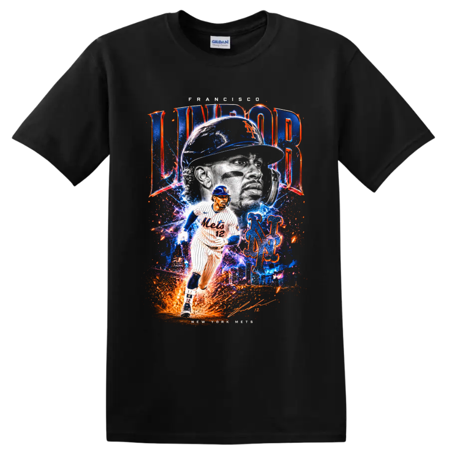 High-energy Francisco Lindor New York Mets portrait and action graphic with number 12 on a Black T Shirt