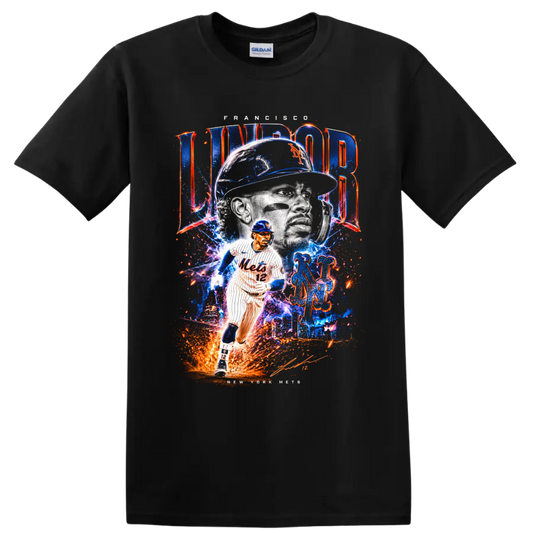 High-energy Francisco Lindor New York Mets portrait and action graphic with number 12 on a Black T Shirt