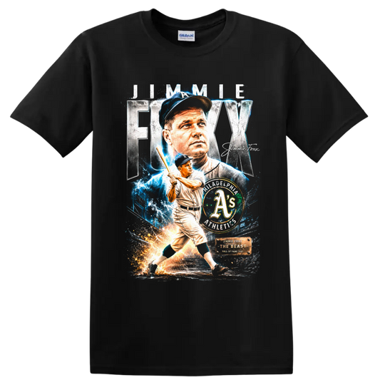 Jimmie Foxx Philadelphia Athletics vintage portrait and batting tribute graphic on a Black T Shirt