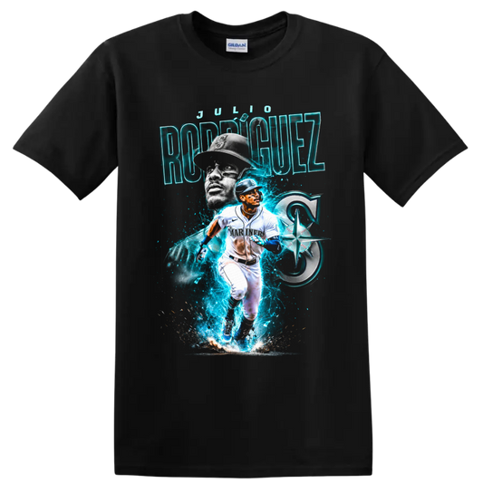 Julio Rodríguez Seattle Mariners neon action baseball portrait graphic on a Black T Shirt