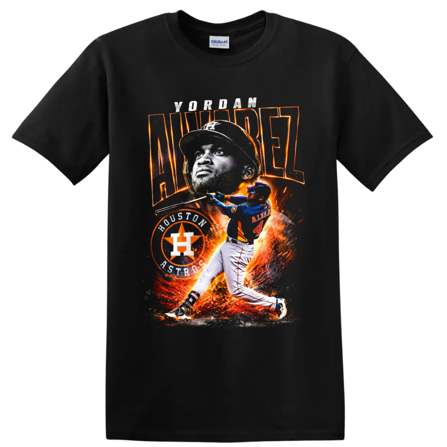 Yordan Alvarez Houston Astros fiery baseball portrait and batting graphic on a Black T Shirt