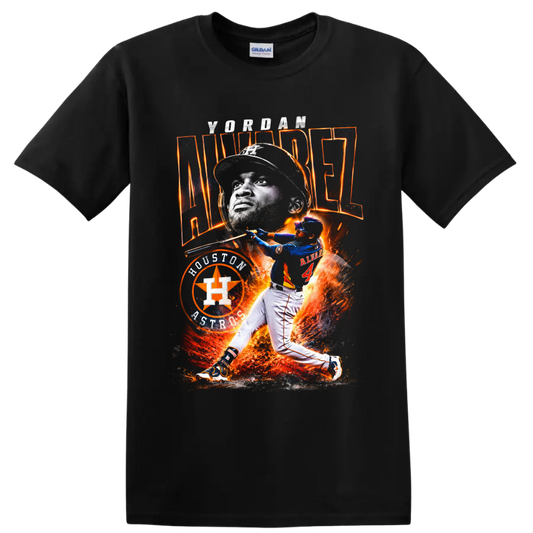 Yordan Alvarez Houston Astros fiery baseball portrait and batting graphic on a Black T Shirt