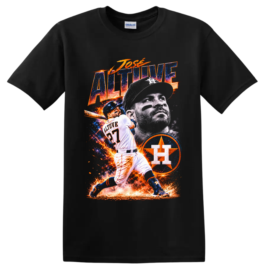 Jose Altuve Houston Astros fiery blue and orange baseball action collage on a Black T Shirt