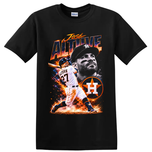Jose Altuve Houston Astros fiery blue and orange baseball action collage on a Black T Shirt