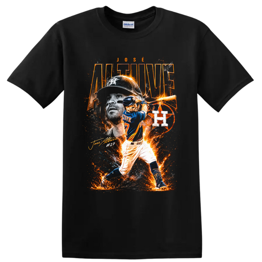 Jose Altuve Houston Astros No. 27 fiery baseball batting collage on a Black T Shirt