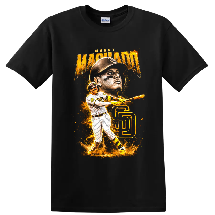 Manny Machado Padres portrait and batting graphic with gold SD monogram on a Black T Shirt