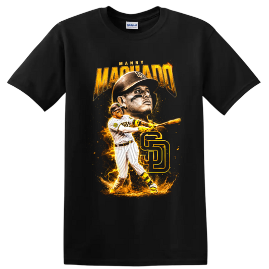 Manny Machado Padres portrait and batting graphic with gold SD monogram on a Black T Shirt