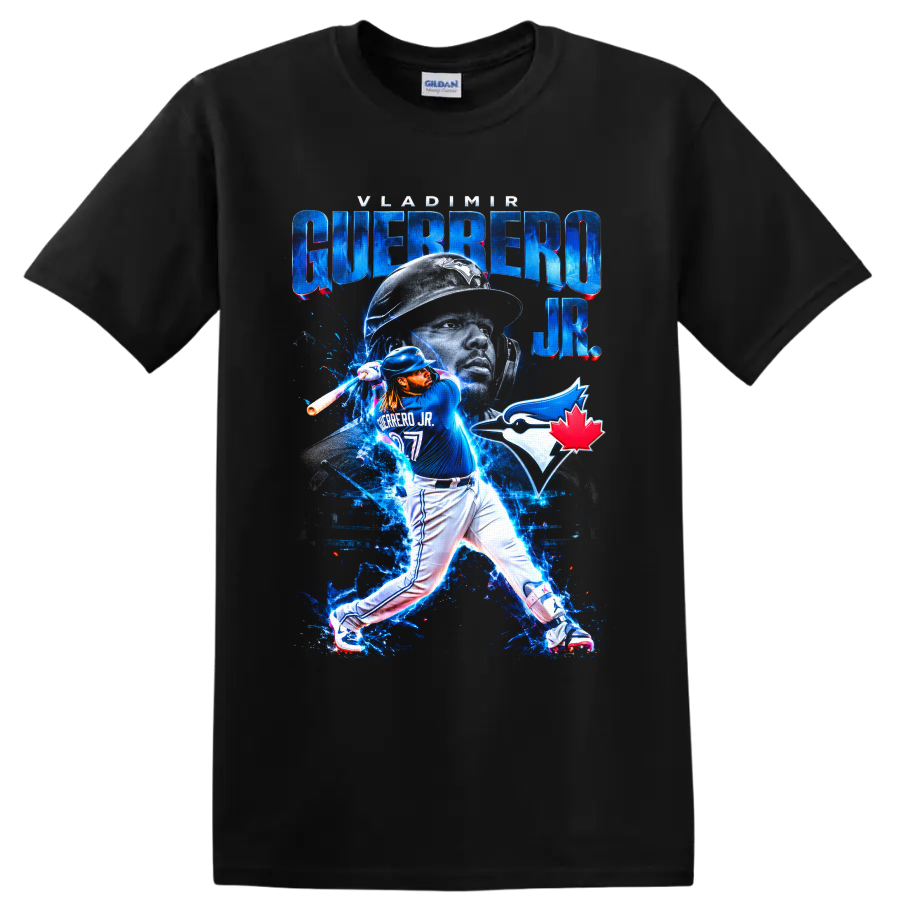 Vladimir Guerrero Jr. Blue Jays batting collage with electric blue effects and team logo on a Black T Shirt
